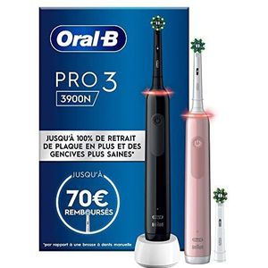 Oral-B Set van 2 Pro 3 3900N, zwart en roze elektrische tandenborstels, 3 borstels, ontworpen door Braun