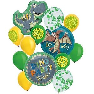 Folat 63623 13 stuks heliumballonnen van latex en plastic dinosaurusfolie in groen geel met decoratief lint voor kinderverjaardag, themafeest, meerkleurig