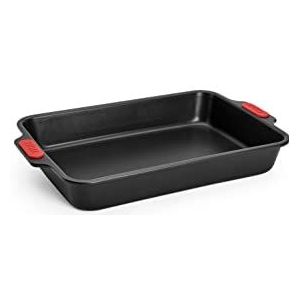 Woll Bakeware Rechthoekige bakvorm 33 x 23 cm, taartvorm met siliconen handgrepen, hittebestendig tot 230 °C, PFAS-vrij, tweelaagse antiaanbaklaag, gealuminiseerd staal, zwart