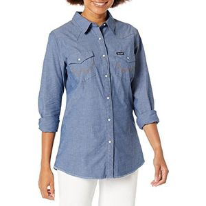 Wrangler Long Sleeve Snap Front Denim Western blouse dames, Blauw