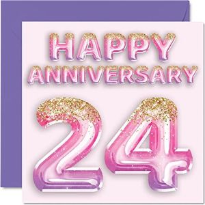 Schattige kaart voor de 24e verjaardag voor vrouwen, vriendin, echtgenoot, vriend, ballonnen met glitter, ballonnen, familieverjaardag, 24 jaar, 145 mm x 145 mm voor 24 jaar