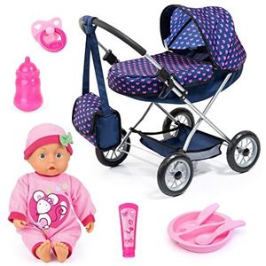 Bayer Design 12554AB Poppenwagen met pratende baby, poppenaccessoires, tas, roze, blauw