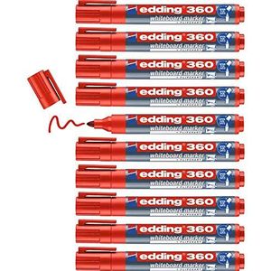 edding 360 whiteboard-markers, rood, 10 stiften, ronde punt 1,5-3 mm, uitwisbare viltstift, voor whiteboards, magnetisch, memo en conferentiezel, schetsnotities, navulbaar