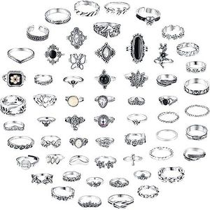 Dochais Set van 60 punk gothic ringen voor dames, zilveren zirkonia, stapelbare ring, verstelbaar, metaal, Metaal