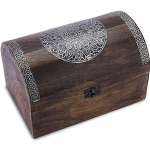 Ajuny Decoratieve sieradendoos van bruin hout met mandala-bloemensnijwerk, veelzijdig inzetbaar als sieradenopslag, sieradenhouder of horlogedoos, ideaal als cadeau