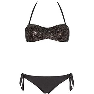 Emporio Armani Swimwear W/Bows Gold Sequins Shiny Lycra dames bikini set met band en Braziliaans, zwart.