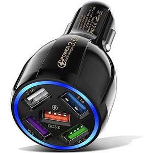 USB-autolader, 5 poorten QC3.0/3.1A, snel opladen, geschikt voor iPhone, iPad, Samsung, Huawei, Xiaomi en alle andere USB-aangedreven apparaten, zwart