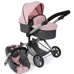 Bayer Chic 2000 Linus poppenwagen, 3-in-1 combi-kinderwagen voor kinderen van 4 tot 8 jaar, poppenkinderwagenset, donkergrijs mix, roze