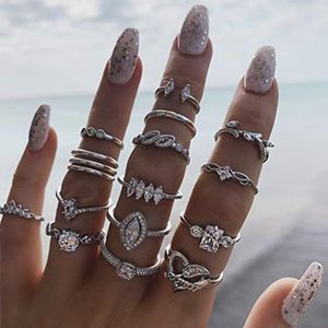 IYOU 15 stuks vintage zilveren ringen met edelstenen en kristallen in boho-stijl voor vrouwen en meisjes, 15 Count (verpakking van 1), zilver, edelsteen zilver, Zilveren edelsteen zilver, Kristal