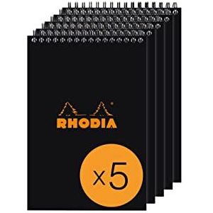 RHODIA 165019C notitieblok met spiraalbinding, zwart, A5, gelinieerd, 80 vellen afscheurbaar, wit papier, 80 g/m², envelop van gecoate kaart, verpakking met 5 blokken