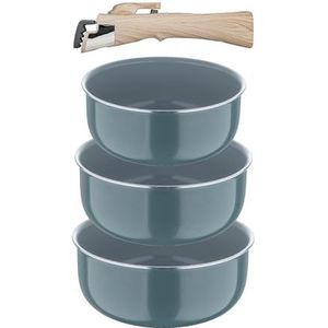 BERGNER CLICK&COOK Set van 4 gerecyclede geperste aluminium pannen met afneembare handgreep, PPG Fusion coating, groen, geschikt voor inductie