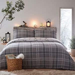 Dreams & Drapes - Grijs geruit beddengoed - Kingsize (230 x 220 cm) - Dekbedovertrek vos, konijn en vogel - Antraciet flanellen beddengoed - 100% superzacht katoen - Beddengoed set