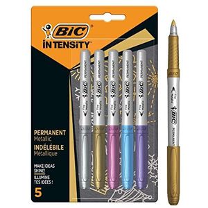 BIC Intensity Metallic Marker, onuitwisbaar, gebogen punt, fijne punt en metallic lichaam, verschillende metallic kleuren, blister met 5 stuks, metallic kleuren