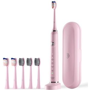 JTF Elektrische tandenborstel met 6 borstelkoppen en reisetui, draadloos snel opladen en lange levensduur, Smart Timer 5 modi whitening tandenborstels, roze