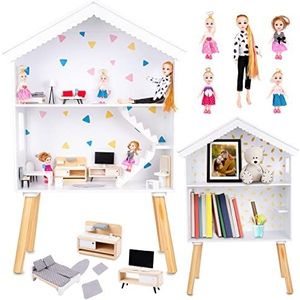 Kinderplay Groot poppenhuis van hout - poppenhuis, geschikt voor Barbiepoppen, bevat 22 accessoires plus 5 poppen in de set, GS0024 (GS0024)