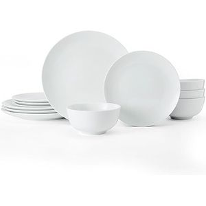 Mikasa Chalk 12-delig porseleinen tafelservies, wit servies, 4 platte borden, 4 bijborden en 4 mueslikommen, geschenkverpakking, magnetronbestendig