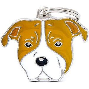 MyFamily Personaliseerbare hondenpenning, gemaakt in Italië, Staffordshire Terrier, wit en bruin, hondenpenning met gratis gravure, met de hand geëmailleerd, van metaal, collectie Friends, 39 x 32 mm
