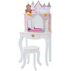 Teamson Kids Dreamland Princess Make-uptafelset met spiegel, plank, opberglade, kruk en accessoires voor 30,5 cm grote poppen, wit en roze