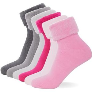 FM London 6 paar superzachte thermische bedsokken voor dames, pastelkleuren, pluizige sokken voor dames, ideaal voor koude avonden, fleecevoering, Roze en neutraal