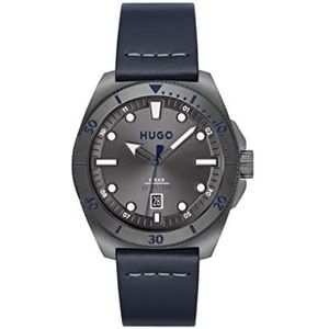 HUGO Heren analoog quartz horloge met blauwe lederen band - 1530302 grijs, grijs.