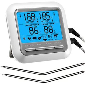 ANSTA Braadthermometer, countdown, vleesthermometer, dubbele roestvrijstalen sonde, digitaal, directe aflezing, LCD-display, voor oven, grill
