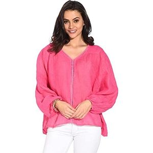 Tunique Haut Femme 100% Lin Fabriquée en Italie, Top à col V et empiècement en Dentelle avec Manches Longues, Framboise, Taille: S