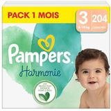 Pampers Harmonie luiers maat 3 (6-10 kg), 204 babyluiers, 1 maand verpakking, 100% Pampers absorptie en plantaardige ingrediënten, hypoallergeen, nu met meer luiers