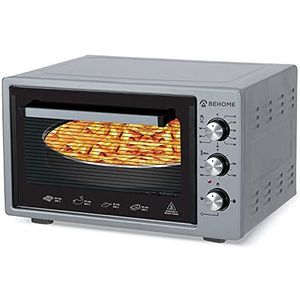 BEHOME 38 liter geventileerde elektrische oven met braadpan, zelfreinigend en geëmailleerd, temperatuur tot 320° dubbel glas met binnenlicht en timer 2 platen en 1 rooster (grijs)