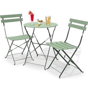 Shally Dogan Set van 3 stuks, inklapbaar, model Parijs, tafel met 2 stoelen van staal, ruimtebesparende meubels voor bistro, balkon, patio, terras, buiten, bar, tweekleurig, donkergroen en