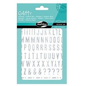 Maildor AE071O Glitty stickers, 2 vellen, 10,5 x 16 cm, alfabet en cijfers in zilver (228 stickers)