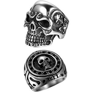 OIDEA 2 stuks heren jongens roestvrij stalen ringen schedel ring schedel ringen zilver zwart retro punk rock stijl roestvrij staal maat 57 (18,1) tot 76 (24,2), roestvrij staal, Zonder steen.