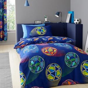 Catherine Lansfield Bright Football Omkeerbare beddengoedset voor tweepersoonsbed, dekbedovertrek en kussenslopen, marineblauw