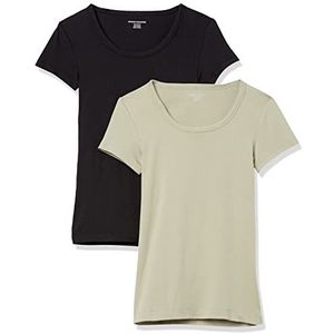 Amazon Essentials Dames-T-shirt met korte mouwen en ronde hals, slim fit, zwart/saliegroen, maat S