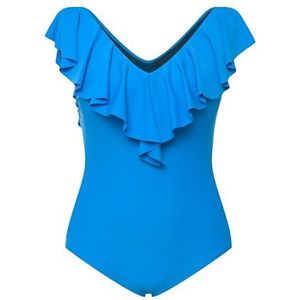 Ulla Popken Badpak, ruches, V-hals, softcups eendelig badpak voor dames, Blauw (Pauw)