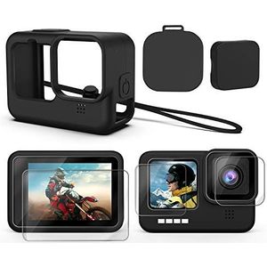 Accessoireset voor GoPro Hero 10/9 siliconen beschermhoes met rubberen dop + 6 displaybeschermfolies van gehard glas met lensdop voor GoPro Hero 10/9 (zwart, accessoireset, zwart., accessoireset