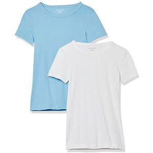 Amazon Essentials Set van 2 T-shirts voor dames met korte mouwen en ronde hals, slim fit, wit/lichtblauw, maat XS