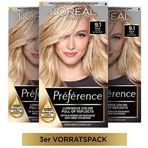 L'Oréal Paris Préférence 3 stuks permanente haarverf met kleuring, verzorgingsbalsem voor glanzend haar, 9.1 zeer licht asblond (Oslo)