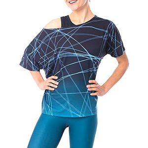 Gipara Emma Oversize sportshirt voor dames, bovenstuk met korte mouwen en schoudervrij, voor yoga, Zumba, vochtregulatie, brede pasvorm, blauw en marineblauw, Blauw