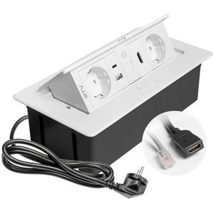 GTV Multisoft inbouwstopcontact, wit, met 2 Schuko-stopcontacten, USB A+C, RJ45, HDMI 2.0, deksel, intrekbaar, 1,5 m kabel, voor kantoor, vergadertafel, keuken of thuiskantoor