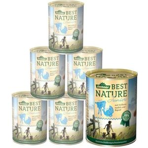 Dehner Best Nature Natvoer voor puppy's en jonge honden, kalkoen, kalfsvlees, volkorenpasta, graanvrij, 6 blikjes van 400 g (2,4 kg)