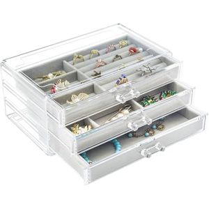 Sieradendoosje van acryl met 3 laden, fluwelen sieradenorganizer voor oorbellen, ringen, halskettingen, armbanden, etalages, cadeau voor vrouwen en meisjes