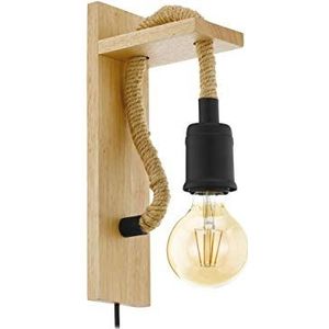 EGLO Rampside Wandlamp, vintage wandlamp met 1 lichtpunt in industrieel design, wandspot van staal en hout, kleur: zwart, bruin, fitting: E27, inclusief kabelschakelaar