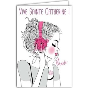 Kaart die Vive Sainte Catherine Happy Party 25 november opent voor jong meisje vrouw Catherinette muziek Luisteren Roze Headset Zangeres Tiener met Witte envelop Formaat 12x17,5cm