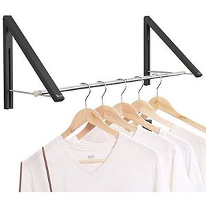 Anjuer Intrekbare kledingrek – aan de muur gemonteerde opvouwbare kledingrek voor het opbergen van de waskast, aluminium, 2 manden met steel (zwart)