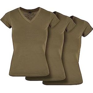 Build Your Brand Set van 3 basic T-shirts voor dames - V-hals - Katoen - Maten XS tot 5XL, Lente-olijfgroen, L, Lente-olijfgroen