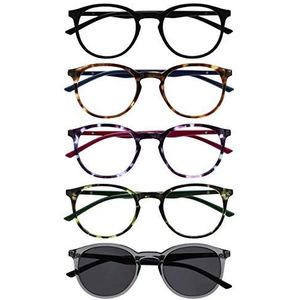 OPULIZE Met Pack 5 Lunettes De Lecture Avec Lecteur Soleil Rond Noir Brun Pourpre Vert Gris Hommes Femmes RRRRS60-12567 +1,00
