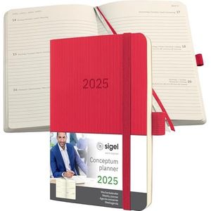 SIGEL Conceptum C2535 Agenda semainier 2025, format A6, rouge, couverture souple, 176 pages, élastique, passant pour stylo, pochette d'archive, certifié PEFC, Conceptum