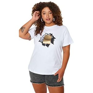Trendyol T-shirt basique à col rond en tricot grande taille pour femme, blanc, 4XL