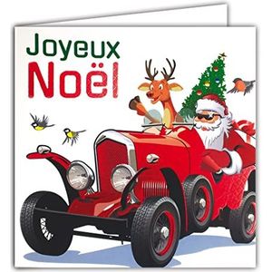 Afie 23005 vierkante kerstkaart, kerstman, auto, rood, glanzend, rendier, dennenboom, vogels, dieren, vieringen van het jaar, met witte envelop