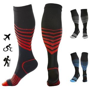 Kreori Compressiesokken voor dames en heren, compressiekousen voor sport, wandelen, fietsen, vliegtuig, hardlopen, reizen, zwangerschap, verpleegsters, 15-20 mmHg, Rood - 1 paar